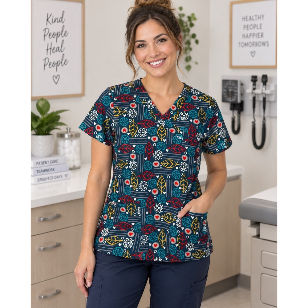 Zoe + Chloe Scrub Top Small Navy Blue Leaf feather Print V-Neck‎ Cotton Z14202